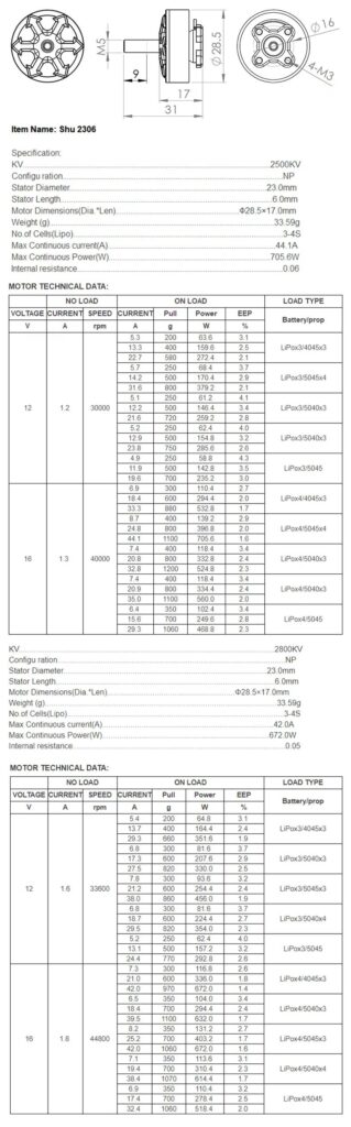 Shu2306 brushless motor 1750KV 2500KV 2800KV series