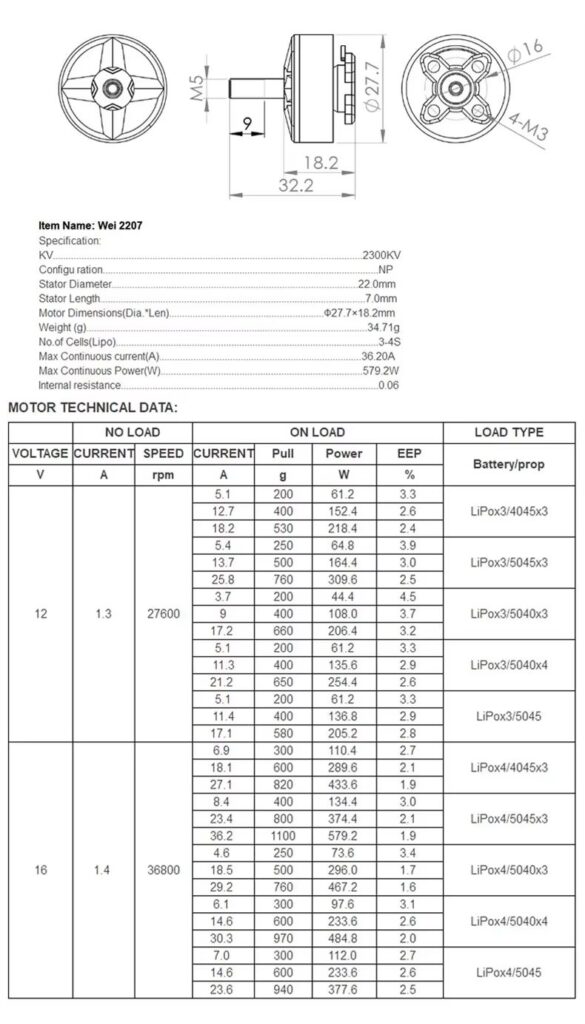 Wei2207 2300KV motor specifications technical data