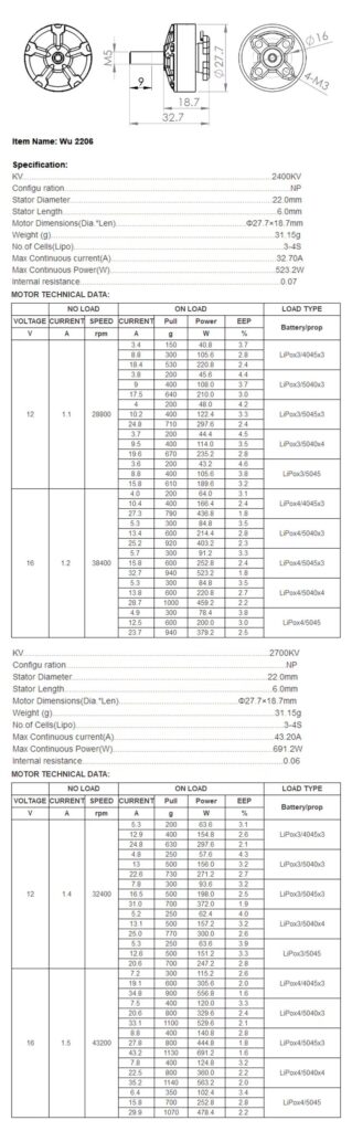 Wu2206 2400KV motor specifications technical data